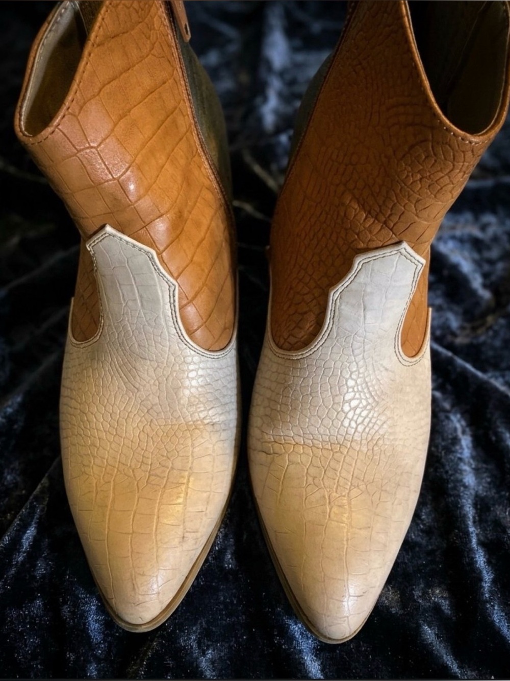 Cato Two-Tone Croc-Embossed Tan and Cream Ankle Booties